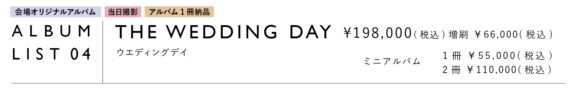 当日撮影 アルバム一冊納品 THE WEDDING DAY（ウエディングデイ） ￥198,000（増刷 ￥66,000）